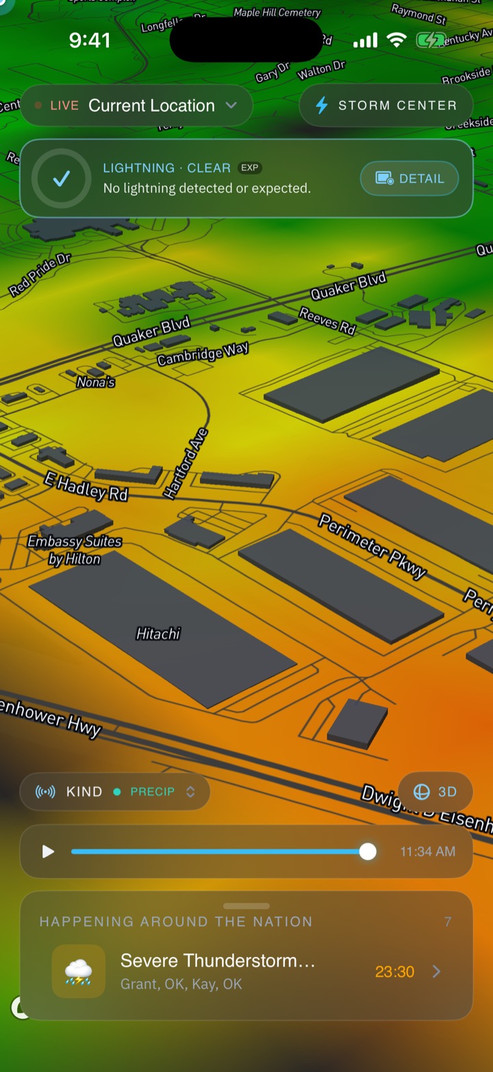 Hi-res radar tilted into 3D over a city with live precipitation overhead.