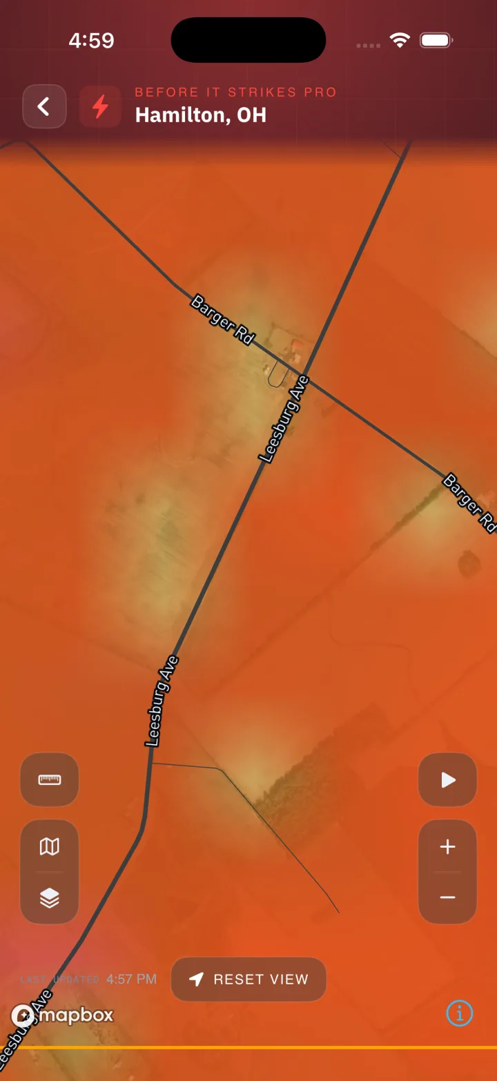 Hi-res radar tilted into 3D over a city with live precipitation overhead.