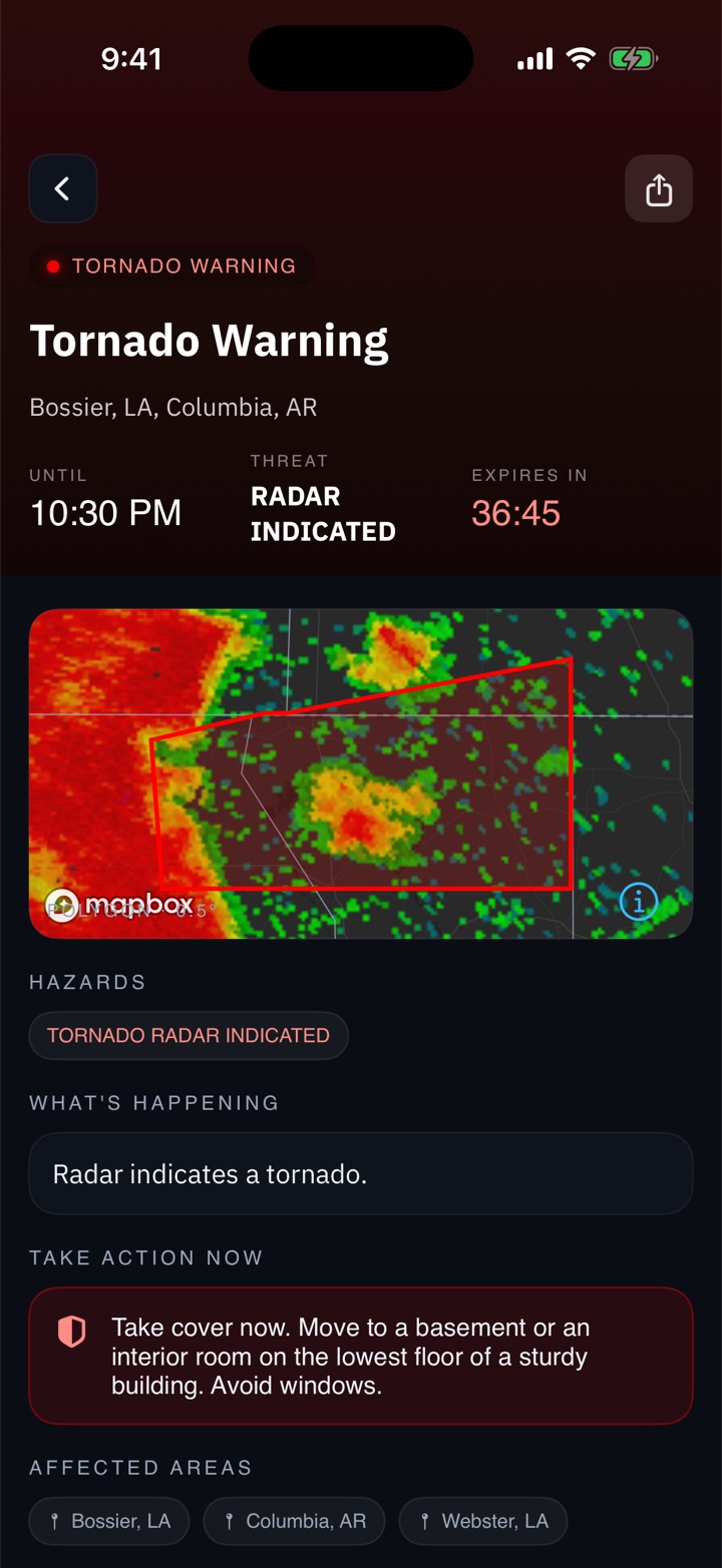 Tornado Warning detail: valid until 10:30 PM, radar-indicated threat, a live 36:45 expiration countdown, the warning polygon on radar, hazard tags, plain-language take-cover guidance, and the affected counties.