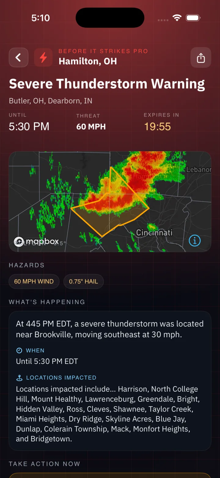 The full alert detail in Before It Strikes: an official NWS warning with a live expiration countdown, impact-based hazard tags, plain-language take-action guidance, and every affected county.
