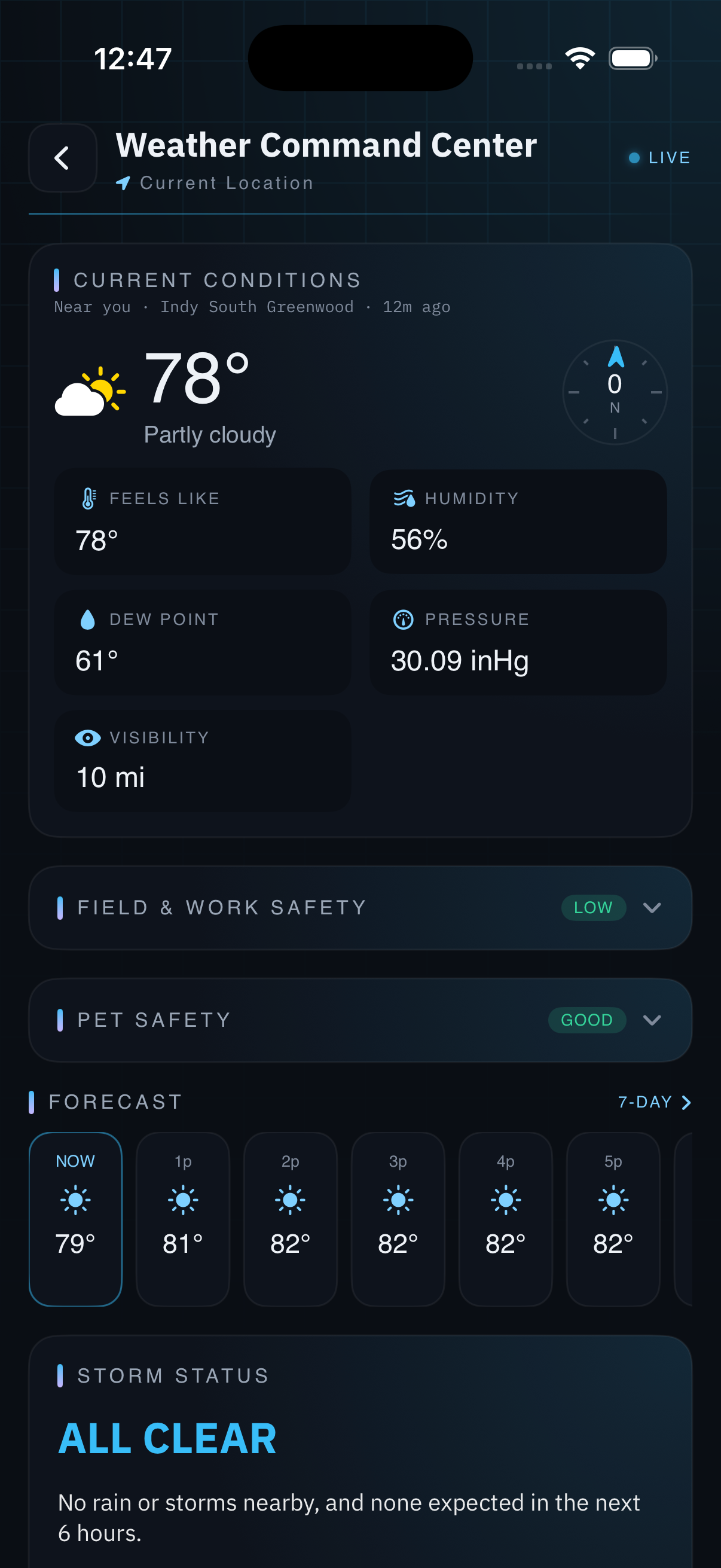 The Weather Command Center: detailed current conditions with a live wind compass, a 1-to-5 storm threat level, live lightning, and collapsible Field & Work and Pet safety readouts.