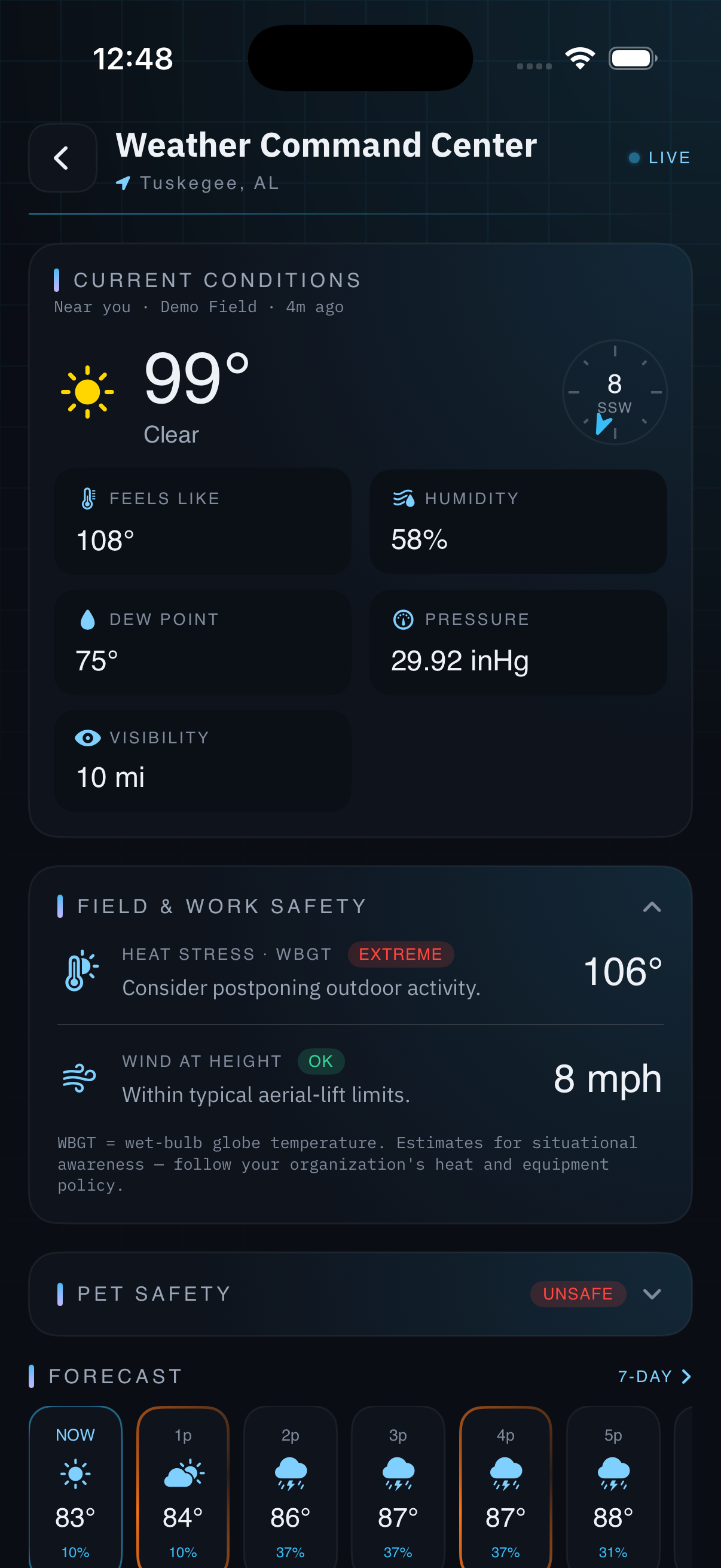 Field & Work Safety: an estimated WBGT heat-stress reading with activity guidance, a wind-chill cold-stress reading, and a wind-at-height guide for aerial-lift work.