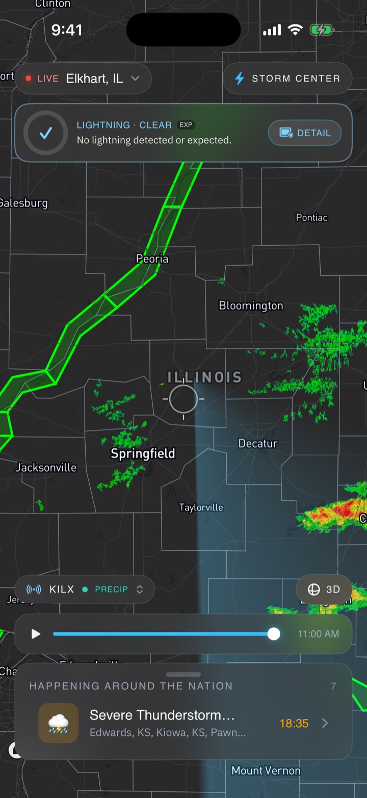 Regional radar over central Illinois showing multiple storm cells across several counties.