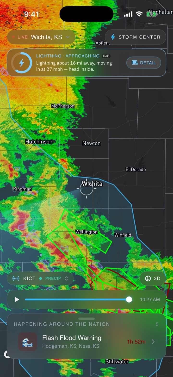 A storm over Wichita with a warning polygon and an alert reading: Lightning approaching — about 16 mi away, moving in at 27 mph.