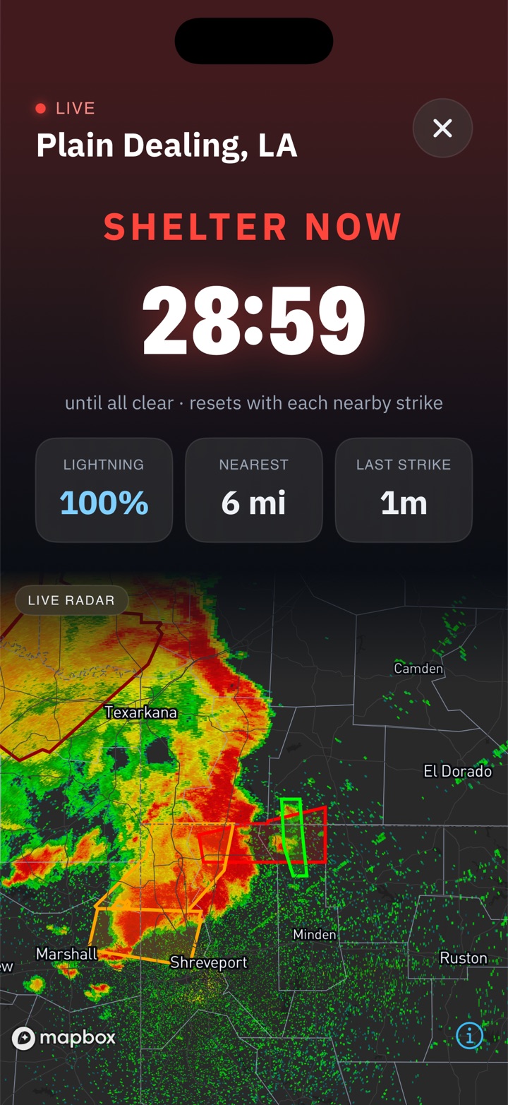 Quick View: a giant all-clear lightning countdown over live radar.