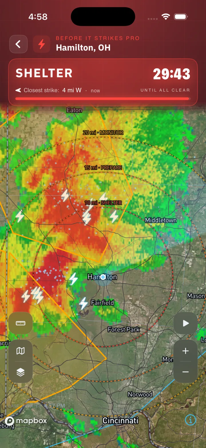 Quick View: a giant all-clear lightning countdown over live radar.