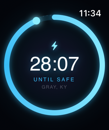 Apple Watch showing a glowing lightning countdown ring — 28:07 until it's safe to go back outside.